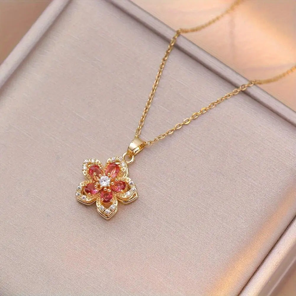 Rotatable Cherry Blossom Pendant Necklace Decompression Jewelry  Adjustable Chain Birthday Gift Women Lovers
