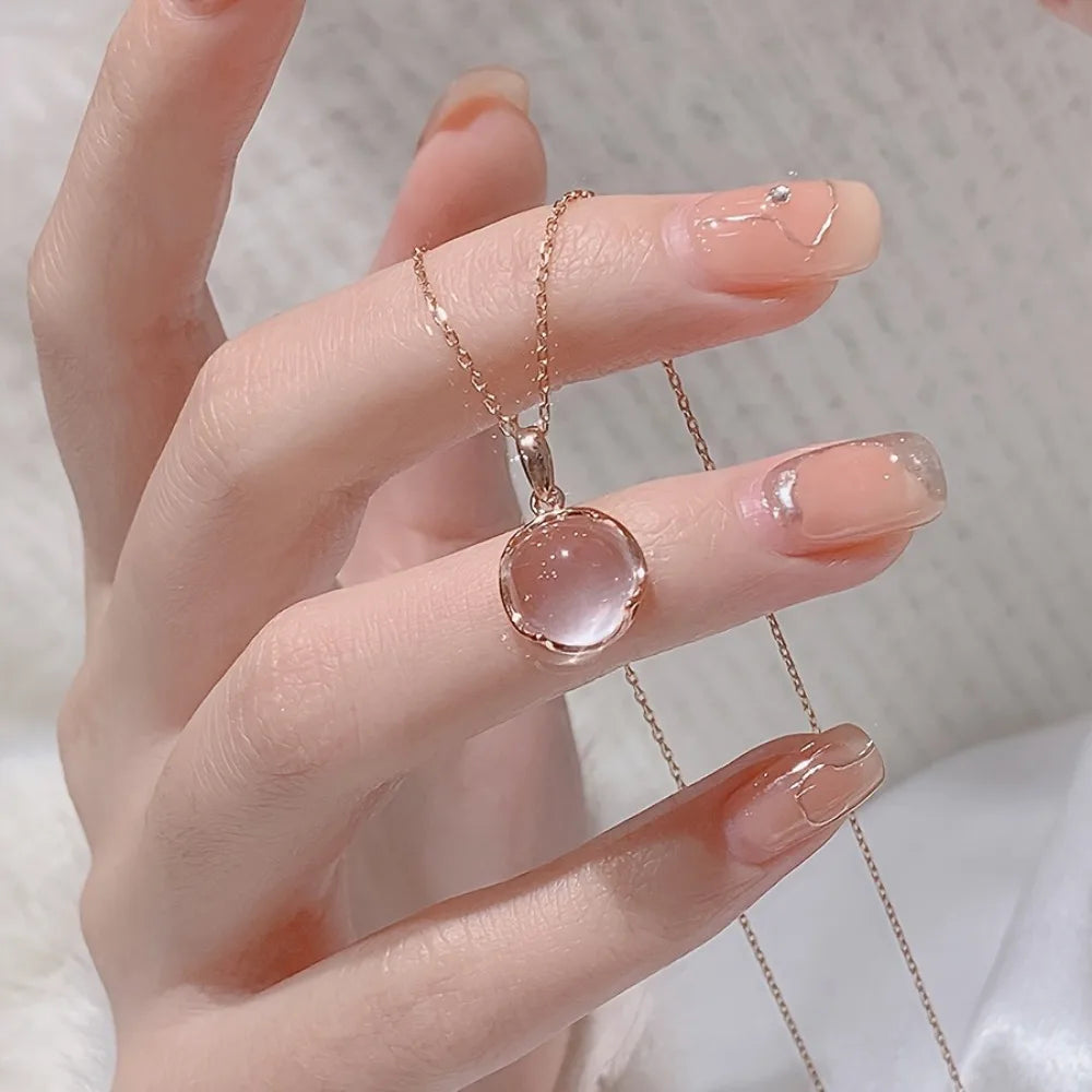 Sakura Pink Artificial Crystal,Silver Plating Necklace,Women'S Luxury Niche,Collarbone Chain,Oval Pendant Necklace Titaniumsteel