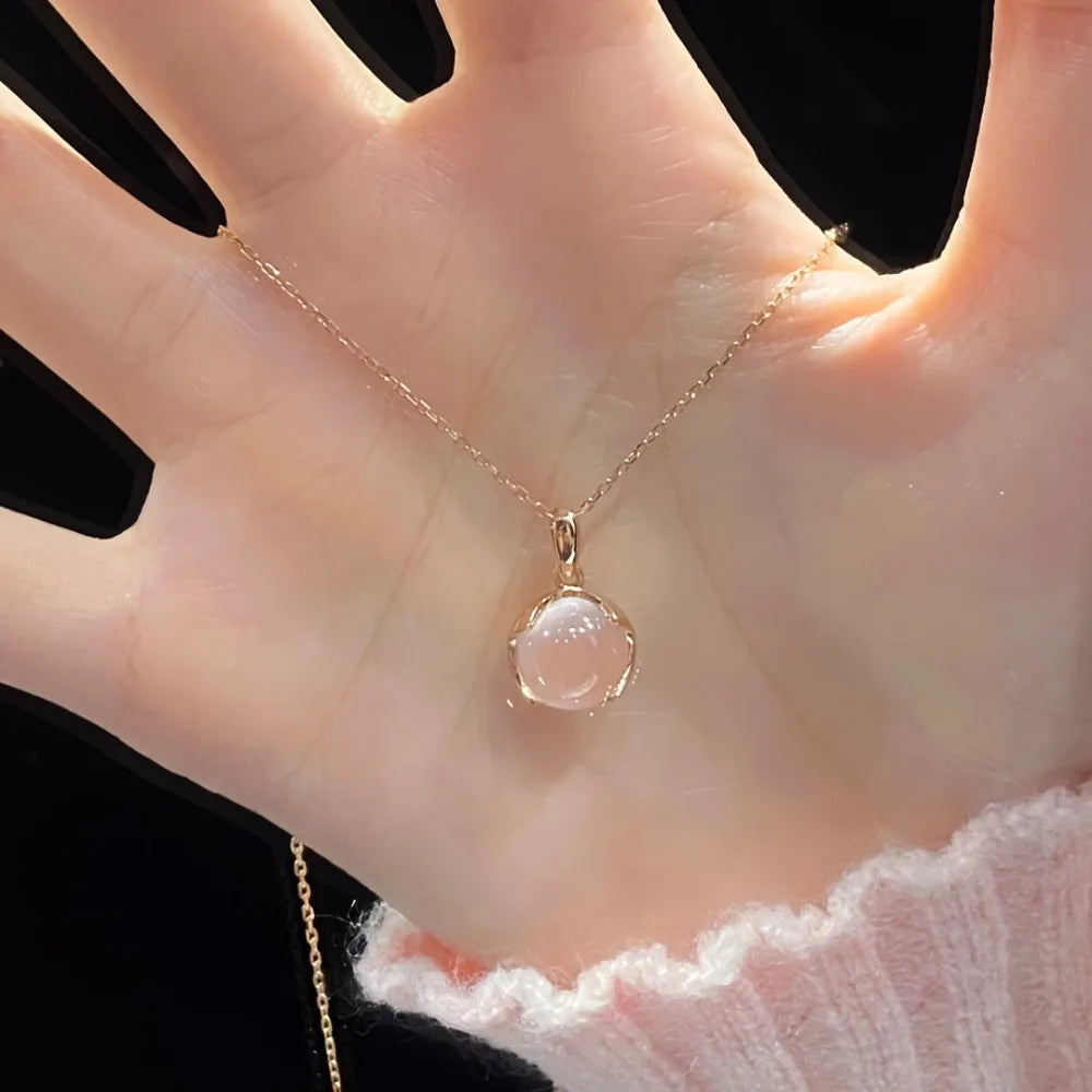Sakura Pink Artificial Crystal,Silver Plating Necklace,Women'S Luxury Niche,Collarbone Chain,Oval Pendant Necklace Titaniumsteel