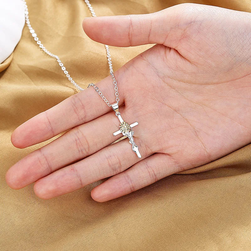 FCJ Women's Sunflower Flower Hanging Pendant Necklace Cross Gold and Silver Two-Color Fashion Charms