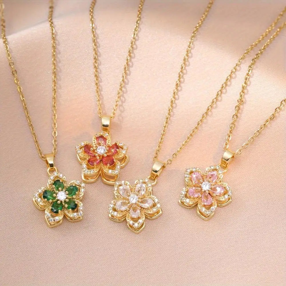 Rotatable Cherry Blossom Pendant Necklace Decompression Jewelry  Adjustable Chain Birthday Gift Women Lovers