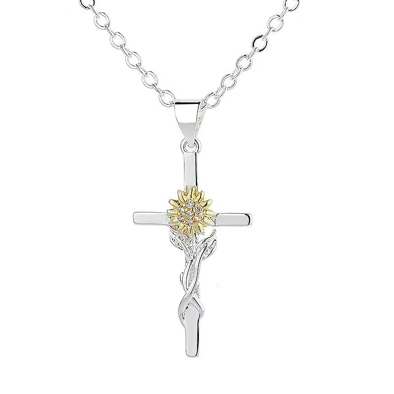 FCJ Women's Sunflower Flower Hanging Pendant Necklace Cross Gold and Silver Two-Color Fashion Charms