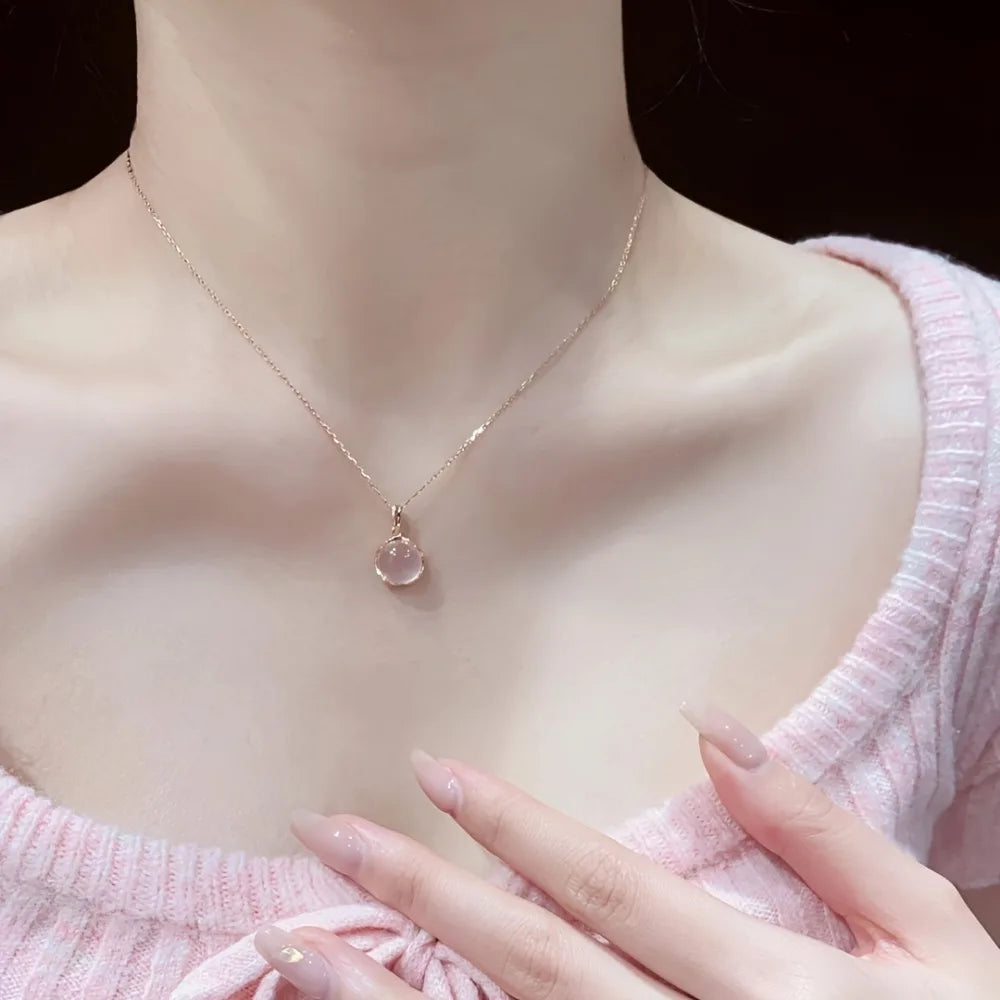 Sakura Pink Artificial Crystal,Silver Plating Necklace,Women'S Luxury Niche,Collarbone Chain,Oval Pendant Necklace Titaniumsteel
