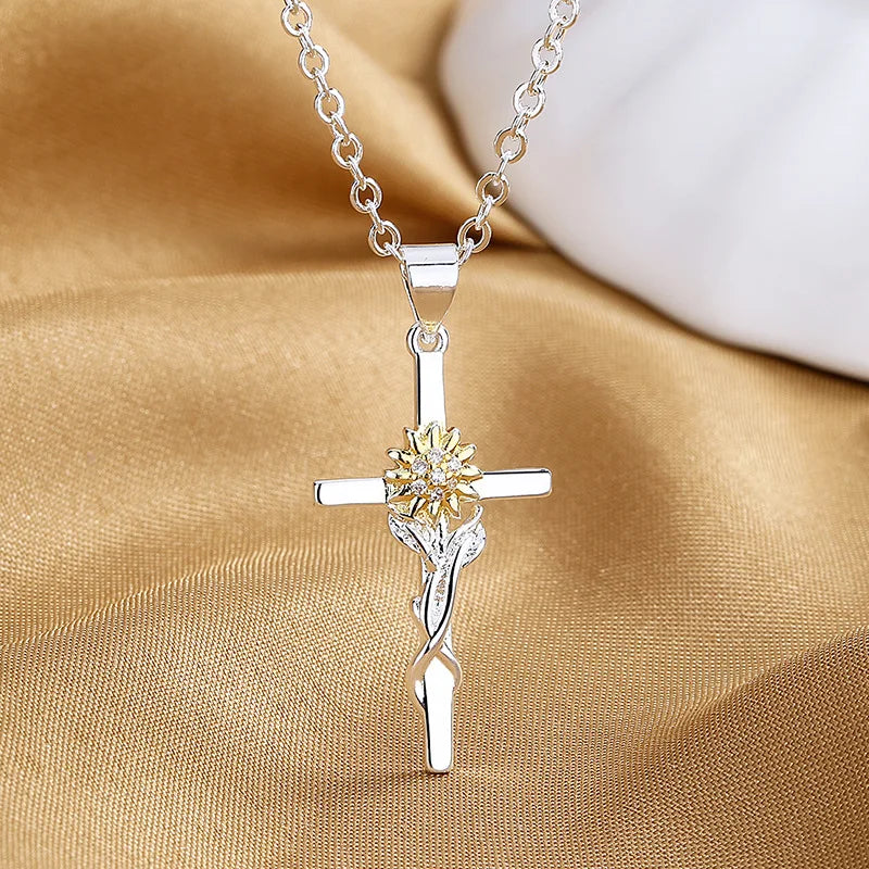 FCJ Women's Sunflower Flower Hanging Pendant Necklace Cross Gold and Silver Two-Color Fashion Charms