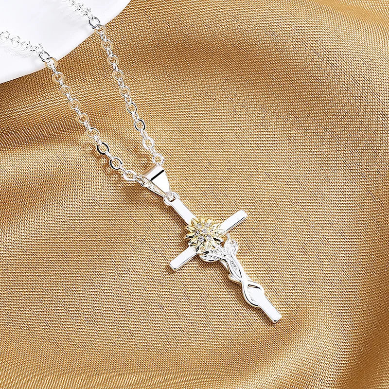 FCJ Women's Sunflower Flower Hanging Pendant Necklace Cross Gold and Silver Two-Color Fashion Charms