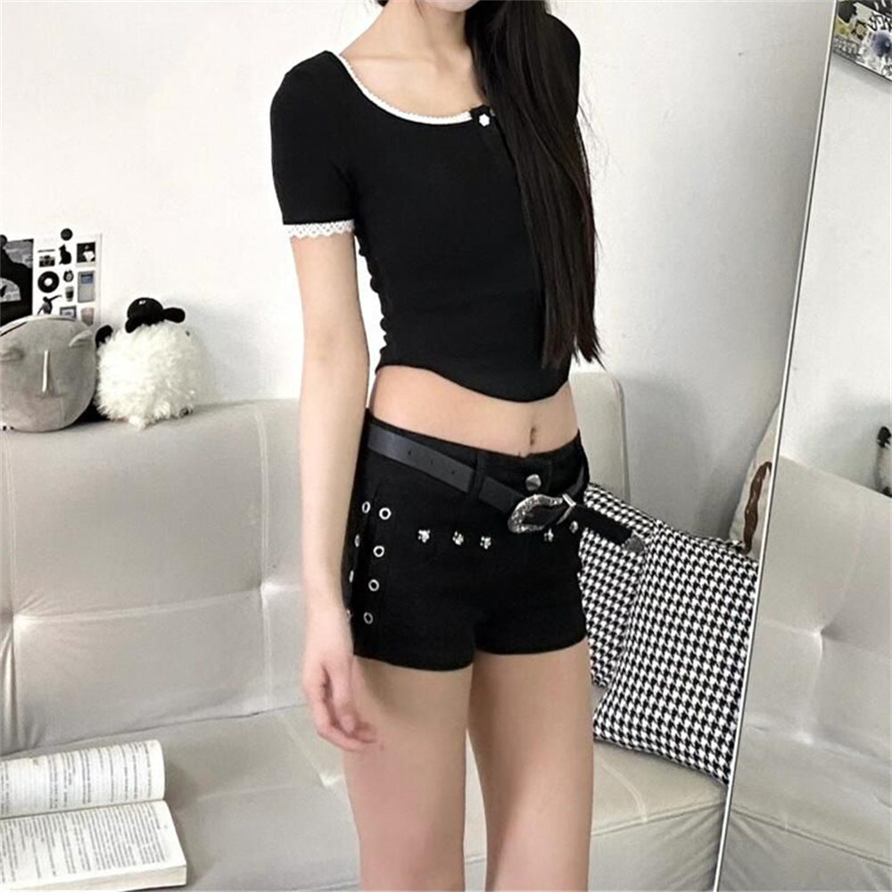 American-Style Spicy Dark Y2K Hip-Hugging Black Pants with Rivet Design, Denim Ultra-Short Shorts for Women, Low-Waist Slimming Hot Pants