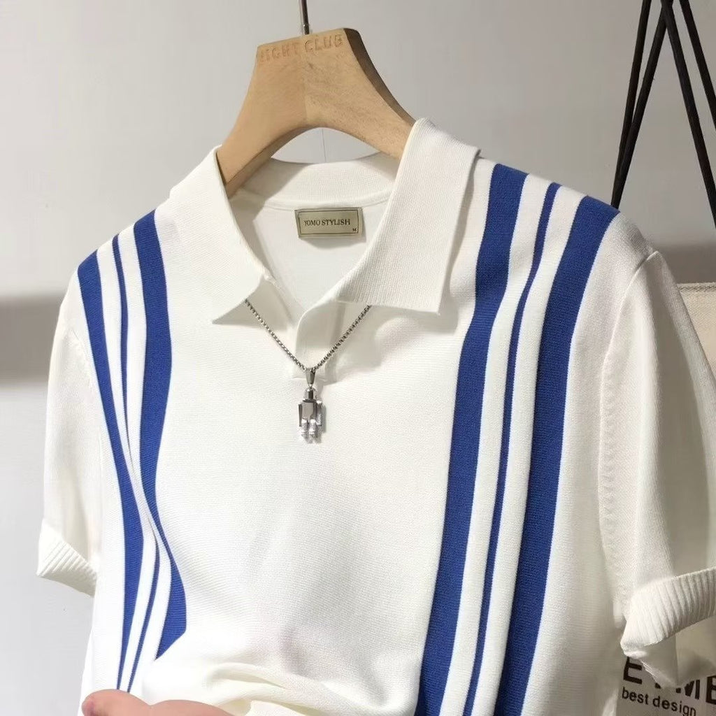 2025 New Style Stripe Trend POLO Youth Fashion Lazy Short-sleeved Fashionable Loose Instagram Style Summer Japanese Men
