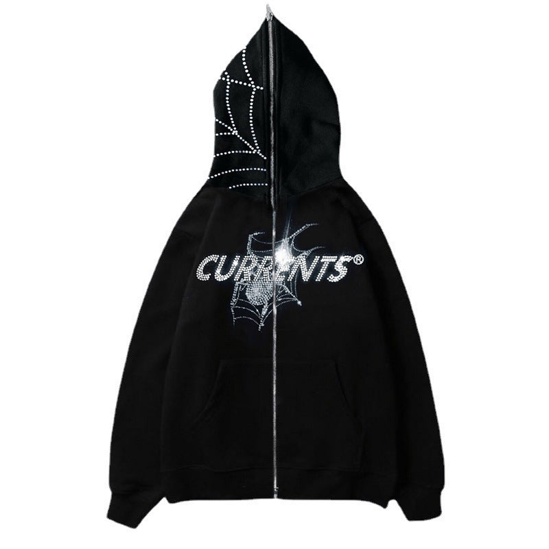 Autumn and Winter New European and American Personality Trendy Hot Drilling Printed Sweater Cardigan High Street Casual Hip Hop Metal Zipper Jacket