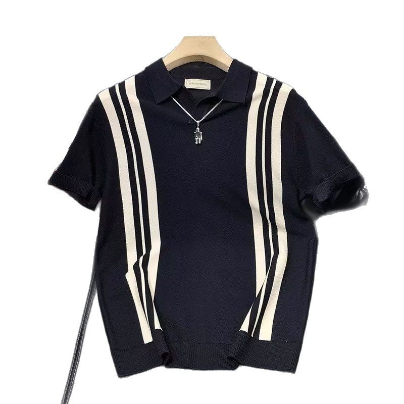 2025 New Style Stripe Trend POLO Youth Fashion Lazy Short-sleeved Fashionable Loose Instagram Style Summer Japanese Men