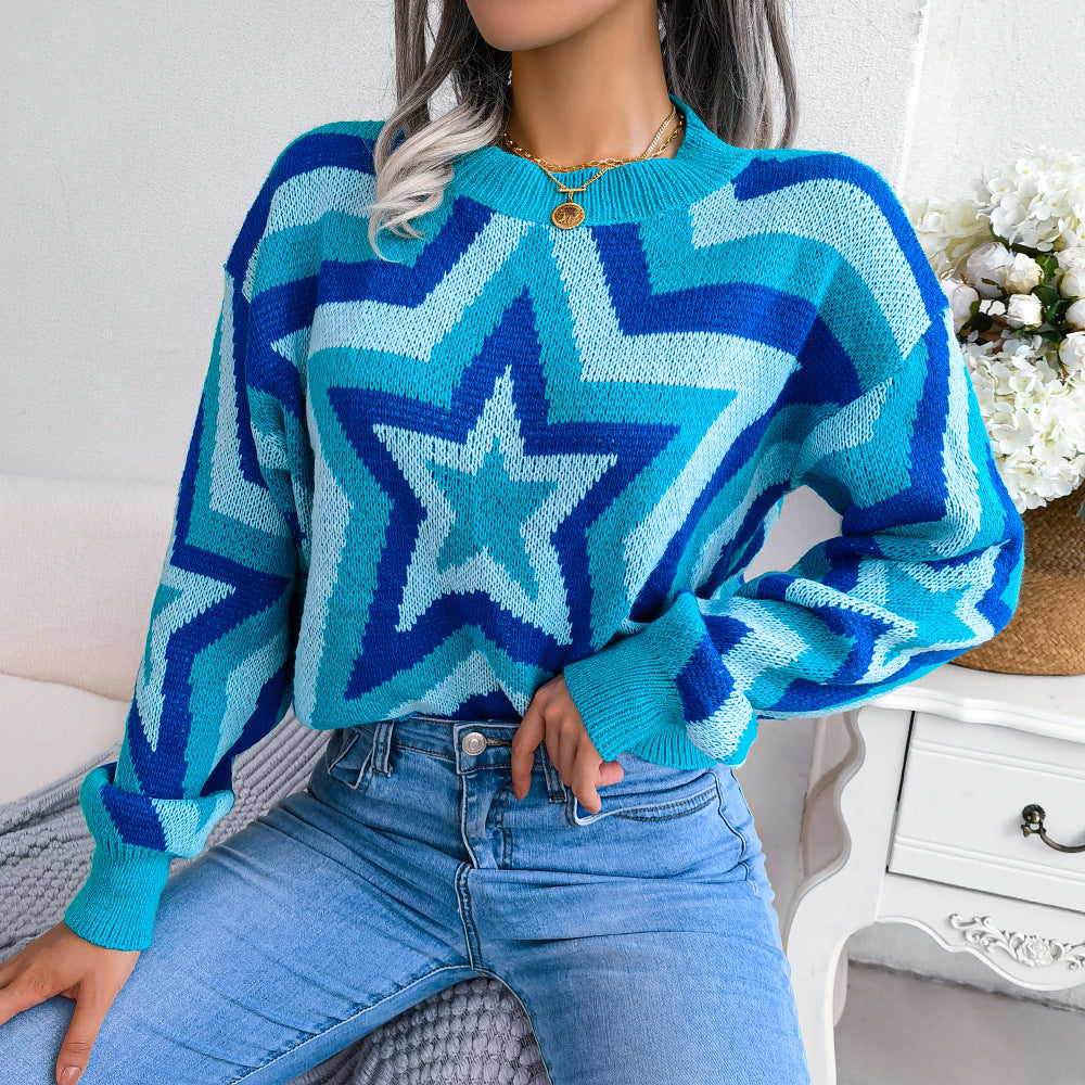 Clearance Sale Real Shot Autumn and Winter European and American Fashion Color-Block Star Long-Sleeve Pullover Sweater Independent Online Cross-Border Women's Clothing