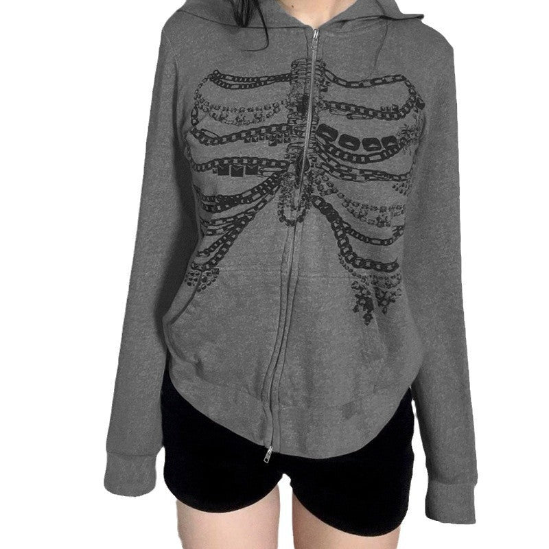 Y2K Subculture Chain Skeleton Print Loose Hooded Sweatshirt Sexy Street Niche Casual Zipper Thin Jacket