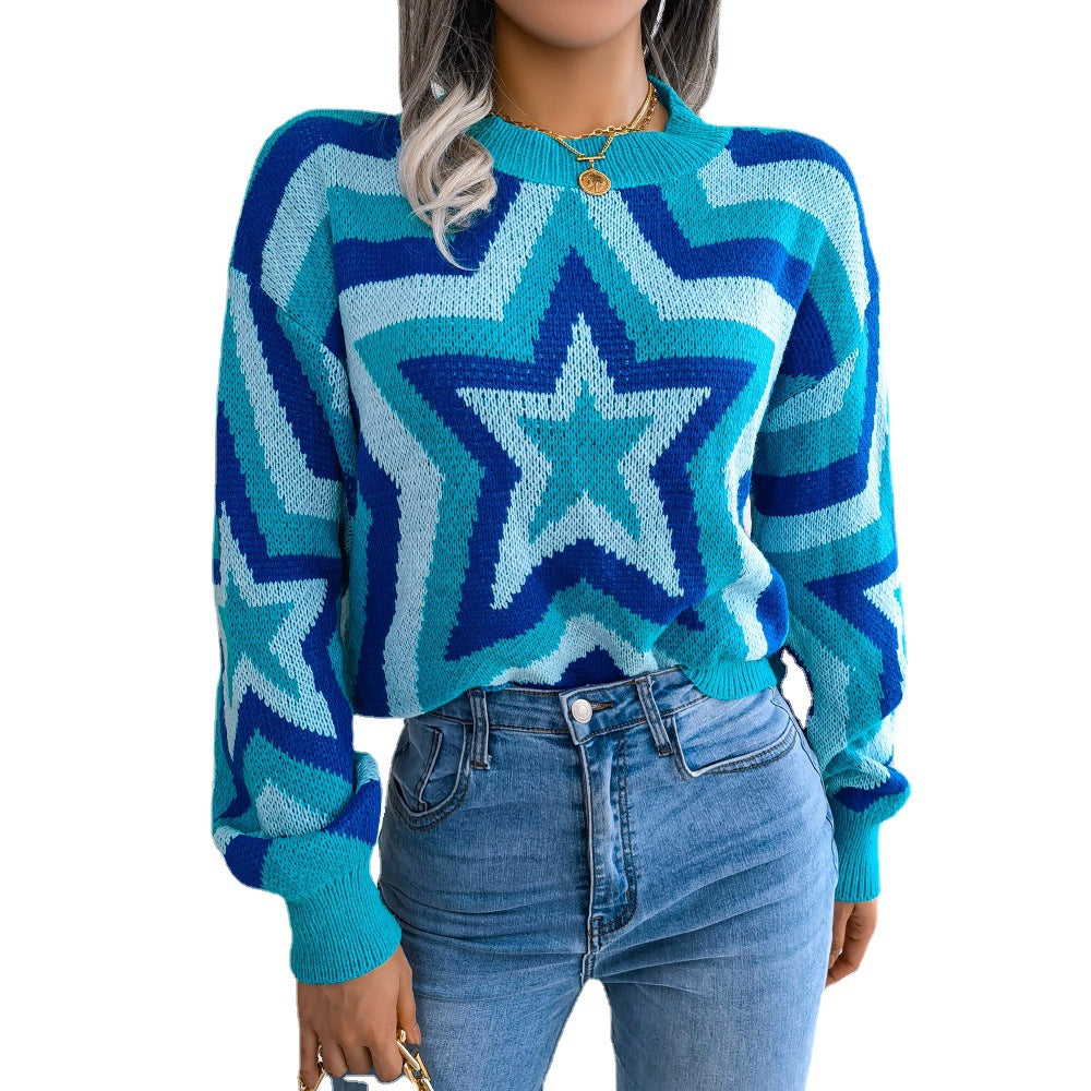Clearance Sale Real Shot Autumn and Winter European and American Fashion Color-Block Star Long-Sleeve Pullover Sweater Independent Online Cross-Border Women's Clothing
