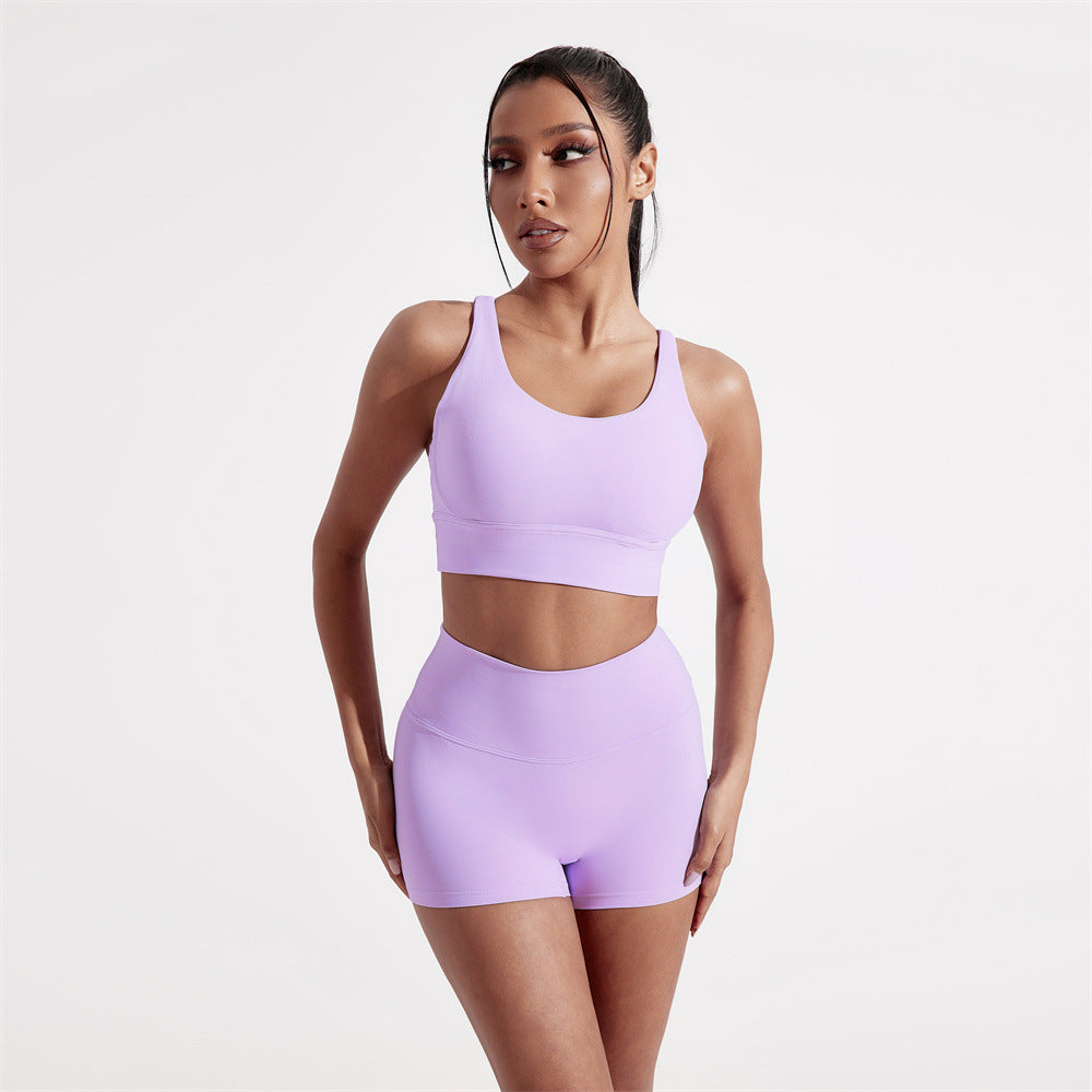 Summer Solid Color Fitness suit Two-Piece Sexy Back Cross Sports Underwear Naked Tight Three-Piece Shorts