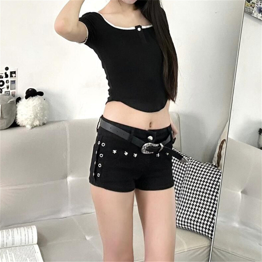 American-Style Spicy Dark Y2K Hip-Hugging Black Pants with Rivet Design, Denim Ultra-Short Shorts for Women, Low-Waist Slimming Hot Pants