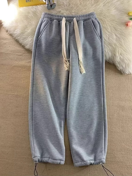 2024 Autumn and Winter Japanese and Korean Style Light Mature Style Comfortable Leg Casual Pants Waffles Comfortable Lamb Fleece Loose Straight Pants