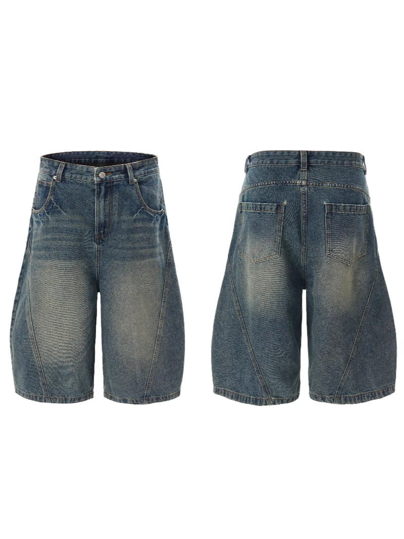 Lktm Men's Clothing # American Retro Lightning Pattern Scimitar Cropped Pants for Men and Women, Trendy Brand Design, Versatile Denim Shorts