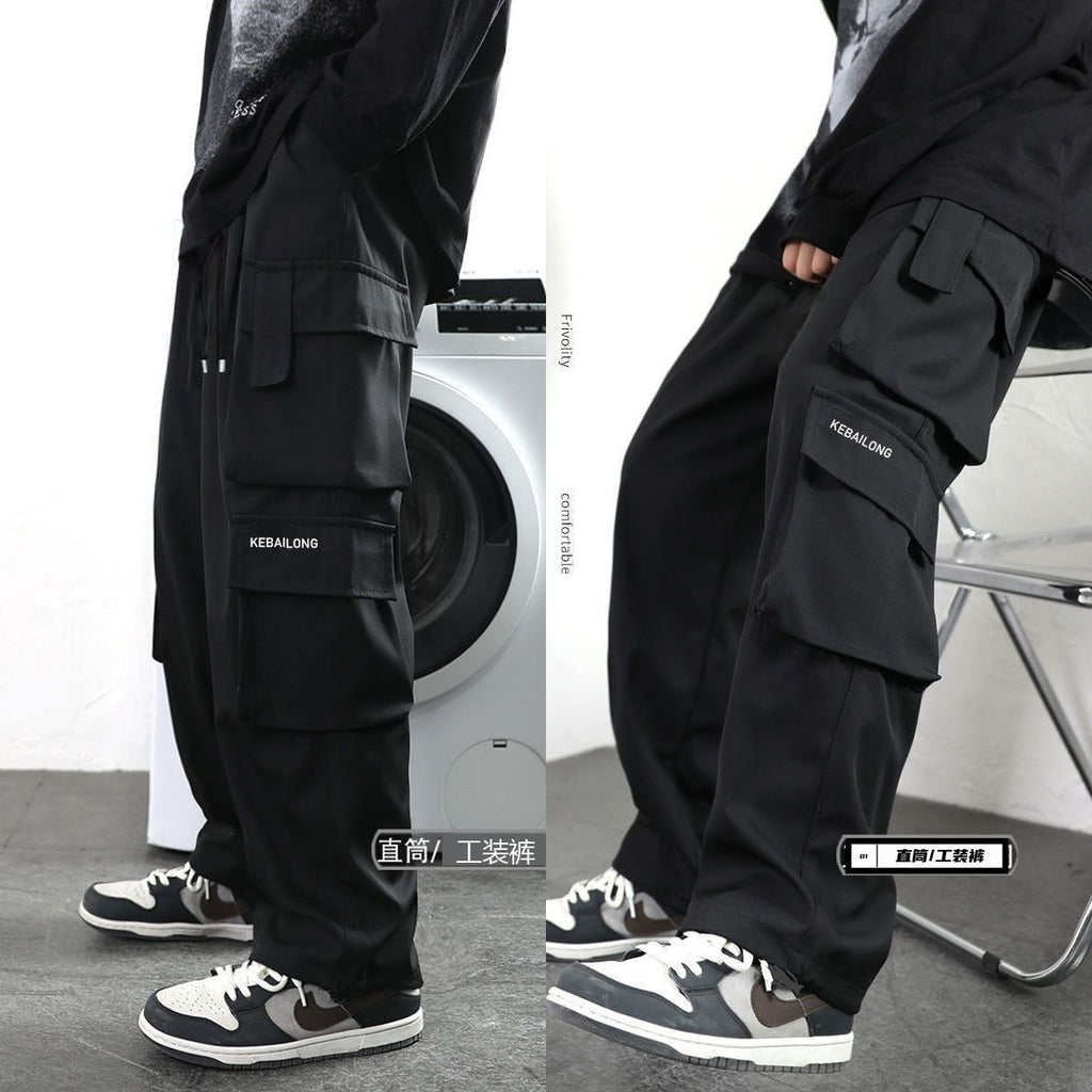 Ajh Black American-Style Work Pants, Straight Loose Fit, Japanese Style, Cross-Border Hot-Selling Extended Version for Tall Men