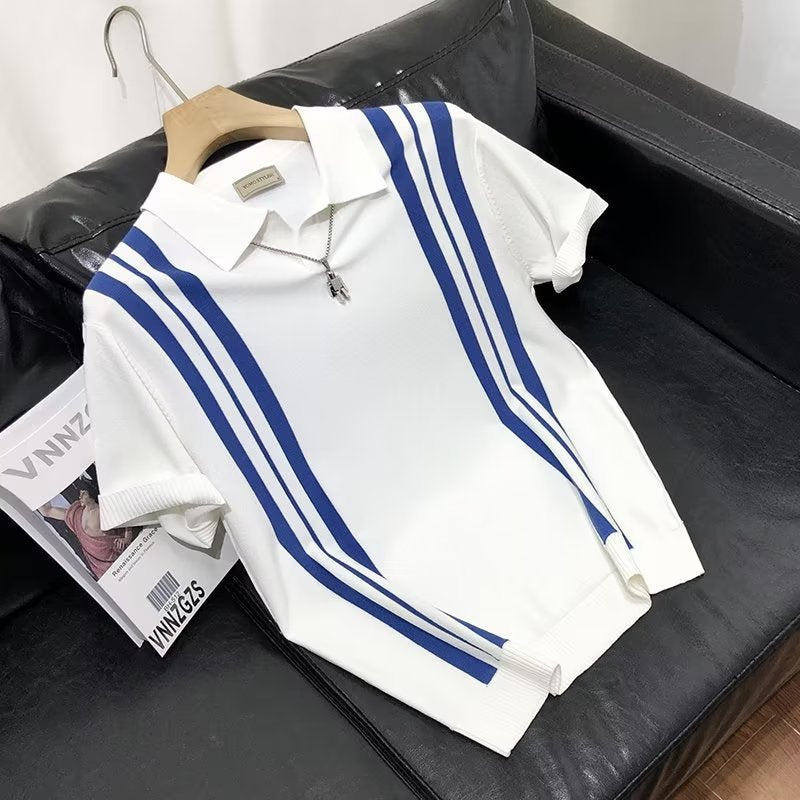 2025 New Style Stripe Trend POLO Youth Fashion Lazy Short-sleeved Fashionable Loose Instagram Style Summer Japanese Men