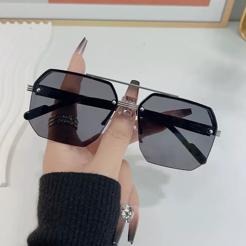 New Cross-Border Men's Double-Beam Half-Frame Polygonal Metal Casual Fashion Sunshade Sunglasses High-End Sunglasses