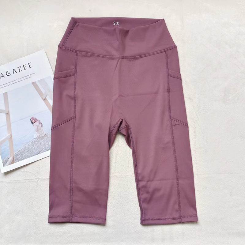 High Waist Naked Sports Fitness Pants No Embarrassment Line with Pocket Tight High Elastic Yoga Quick-drying Training Five-point Pants