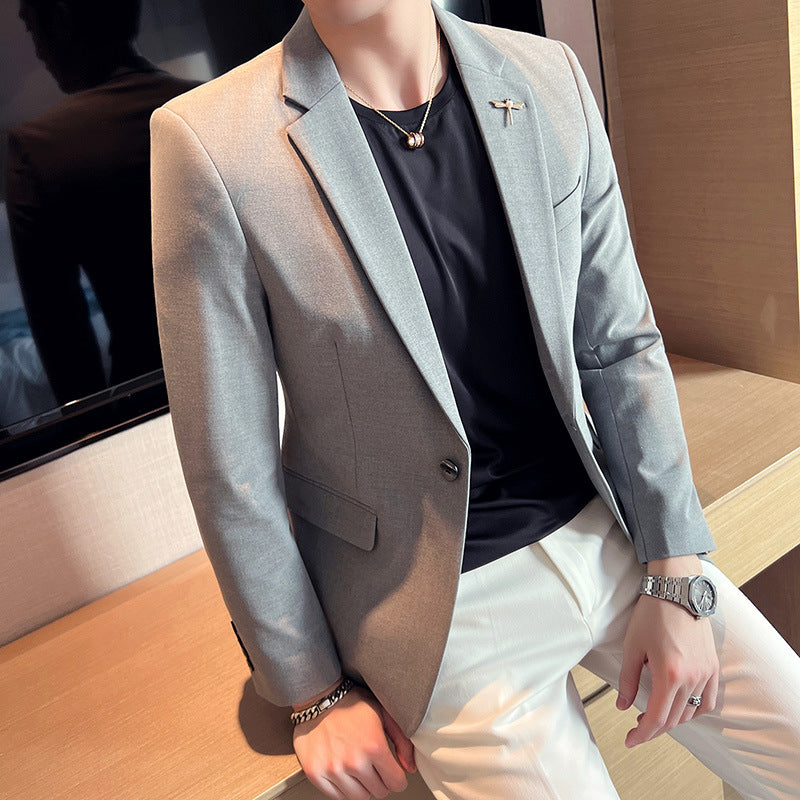 Spring New Men's Solid Color Texted Suit Jacket Trendy Slim Fit One Button Korean Best Man Single Western Top for Men