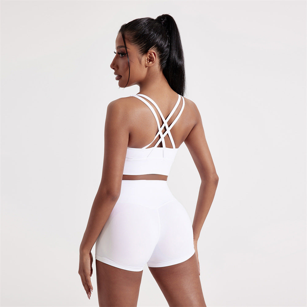Summer Solid Color Fitness suit Two-Piece Sexy Back Cross Sports Underwear Naked Tight Three-Piece Shorts