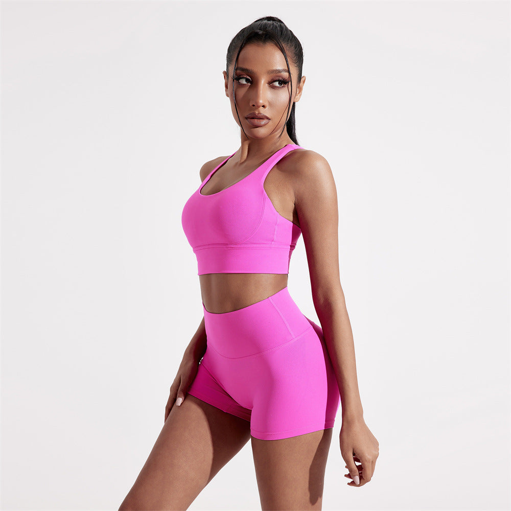 Summer Solid Color Fitness suit Two-Piece Sexy Back Cross Sports Underwear Naked Tight Three-Piece Shorts