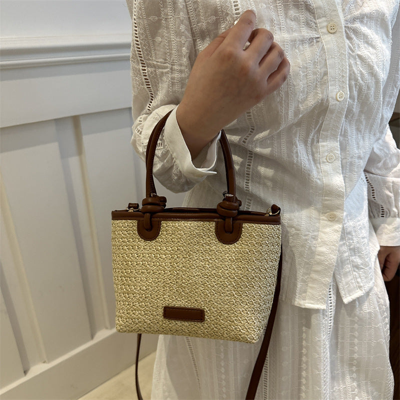 Summer Vacation Beach Style Straw Woven Bag, Hand-Held and Crossbody Bag, 2025 New Trendy Knotted Basket Bag, Woven Bag