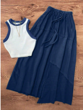 European and American Clothing 2025 New Knitted Off-Shoulder Vest Two-Piece Set Asymmetrical Skirt Suit for Women