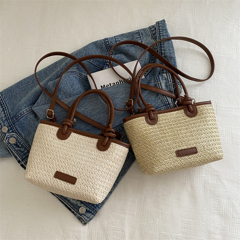 Summer Vacation Beach Style Straw Woven Bag, Hand-Held and Crossbody Bag, 2025 New Trendy Knotted Basket Bag, Woven Bag
