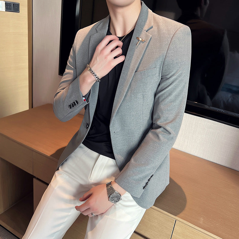 Spring New Men's Solid Color Texted Suit Jacket Trendy Slim Fit One Button Korean Best Man Single Western Top for Men