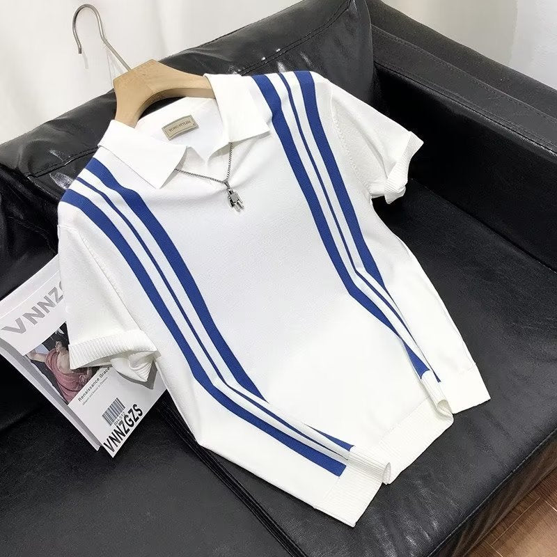 2025 New Style Stripe Trend POLO Youth Fashion Lazy Short-sleeved Fashionable Loose Instagram Style Summer Japanese Men