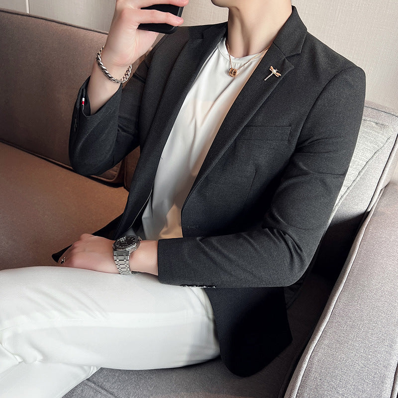 Spring New Men's Solid Color Texted Suit Jacket Trendy Slim Fit One Button Korean Best Man Single Western Top for Men