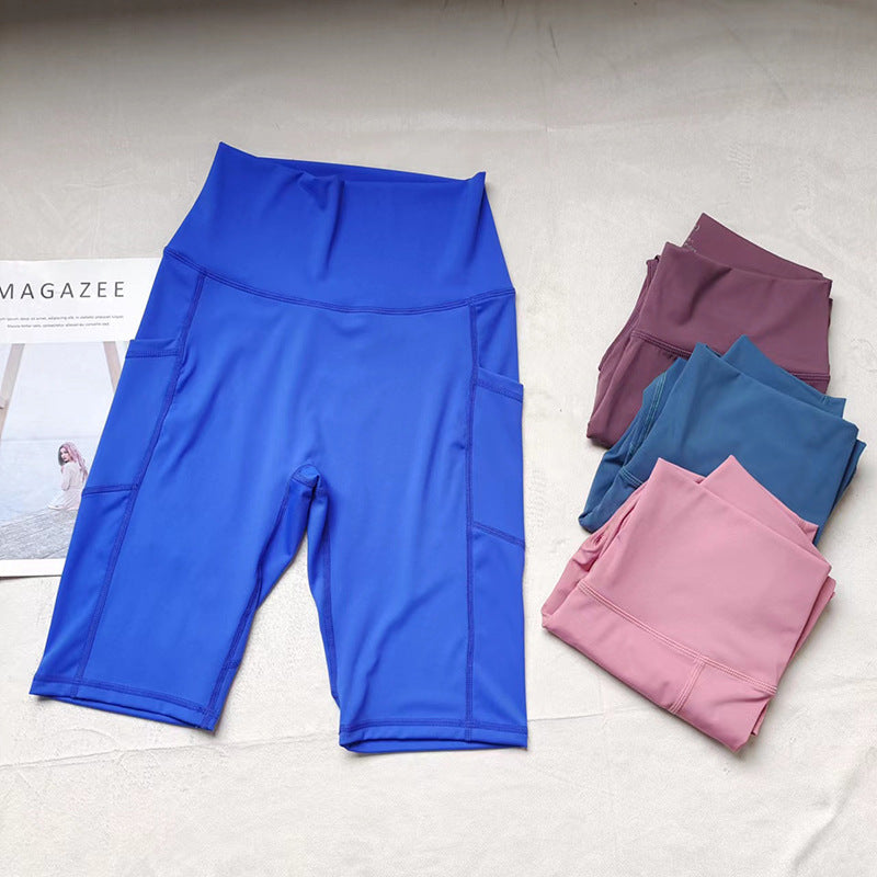 High Waist Naked Sports Fitness Pants No Embarrassment Line with Pocket Tight High Elastic Yoga Quick-drying Training Five-point Pants