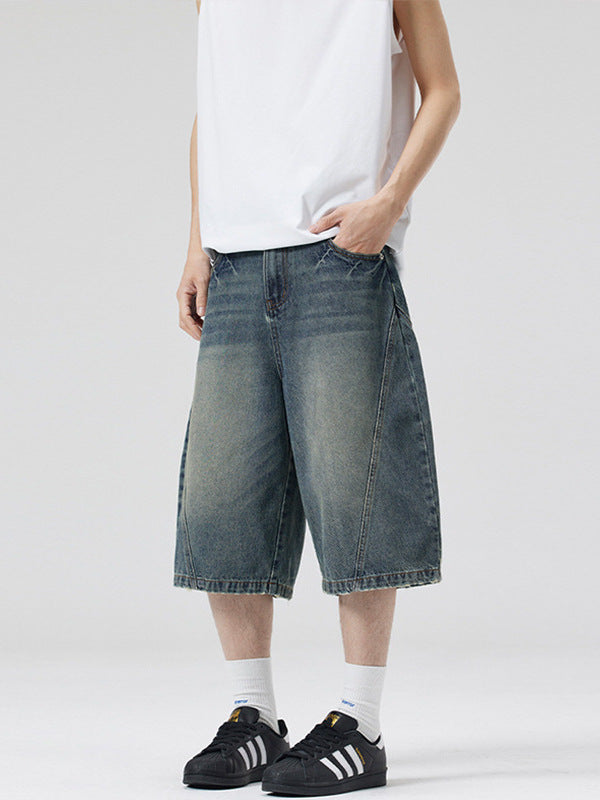 Lktm Men's Clothing # American Retro Lightning Pattern Scimitar Cropped Pants for Men and Women, Trendy Brand Design, Versatile Denim Shorts