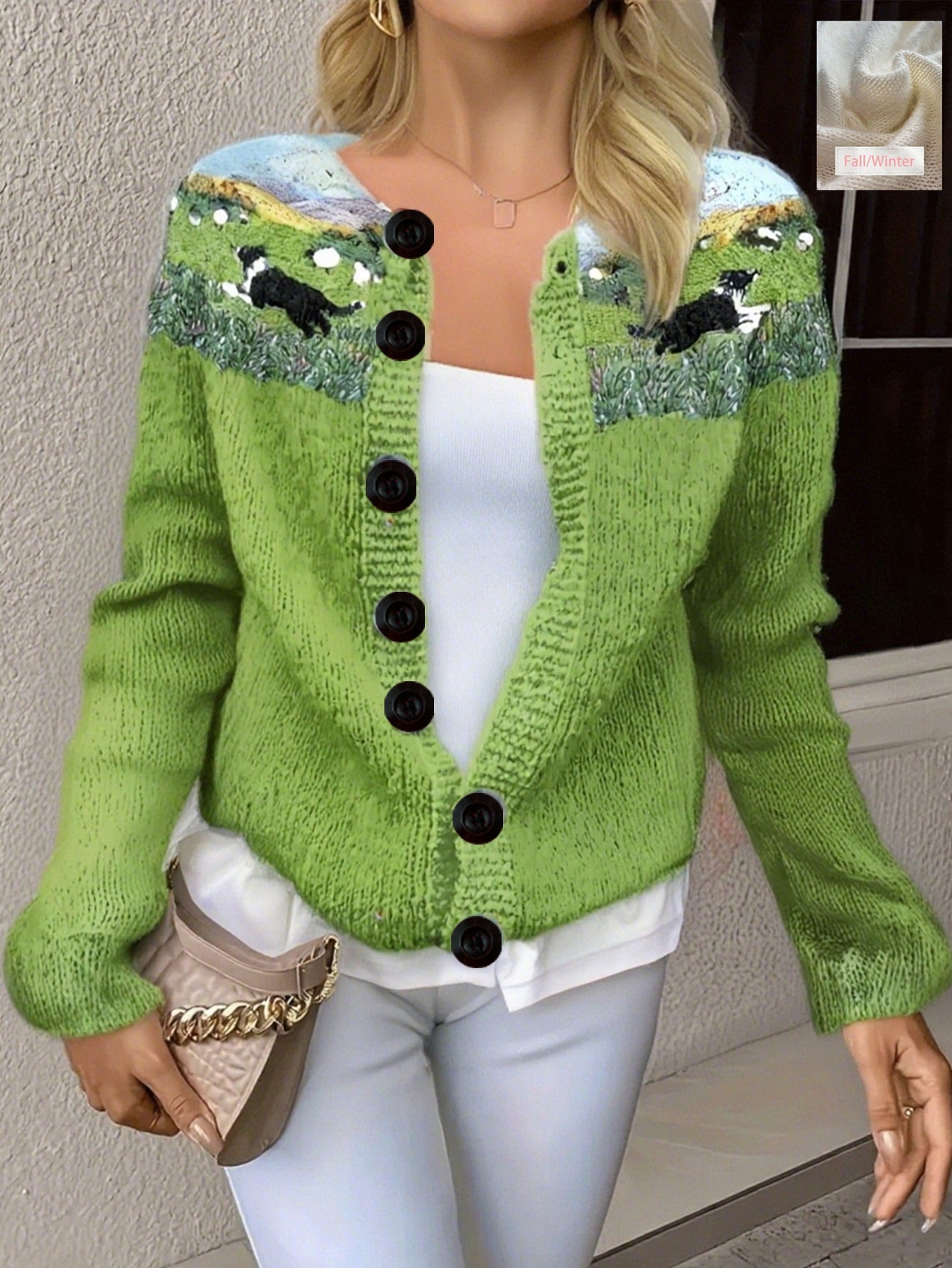 Cross-Border European and American New Round Neck Cardigan 3D Printed Fashion Women's Knitted Jacket Autum Sweater Amazon Best Seller