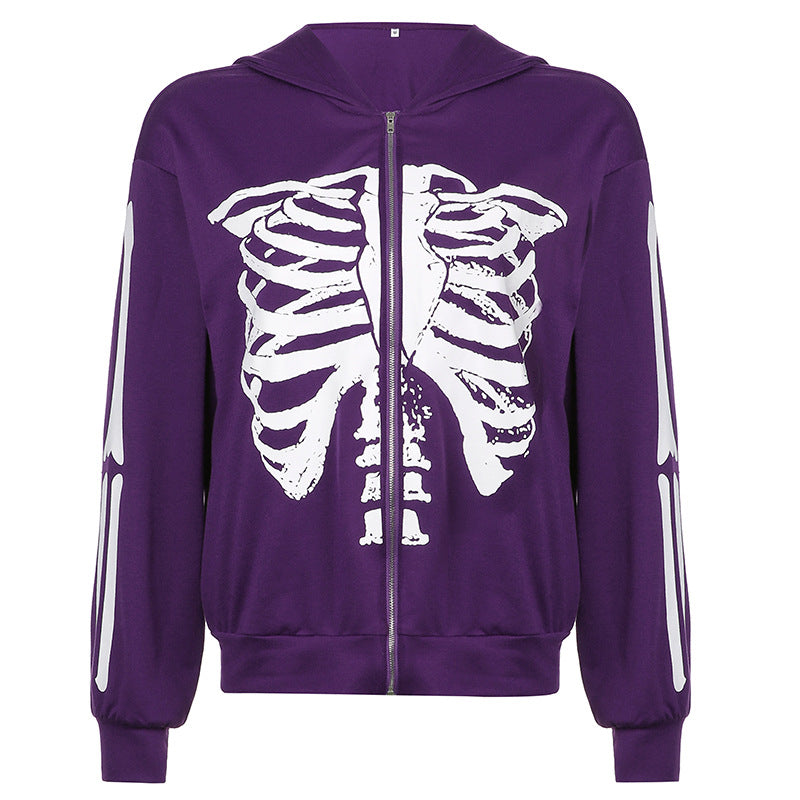 Y2K Subculture Chain Skeleton Print Loose Hooded Sweatshirt Sexy Street Niche Casual Zipper Thin Jacket