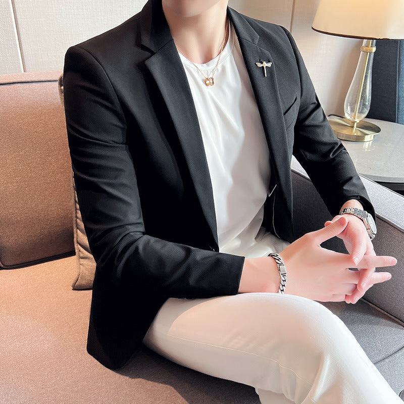 Spring New Men's Solid Color Texted Suit Jacket Trendy Slim Fit One Button Korean Best Man Single Western Top for Men