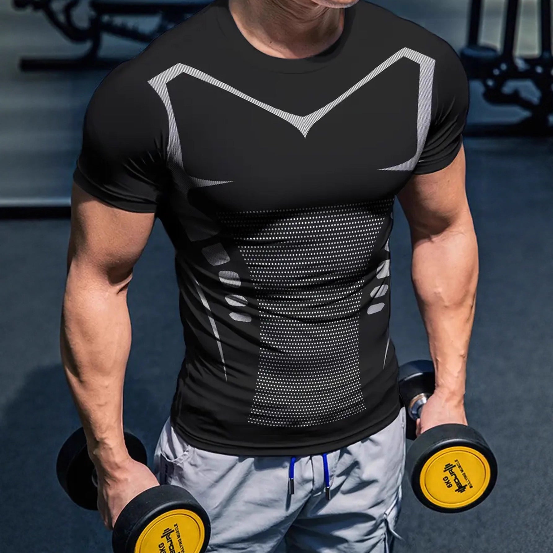 Amazon Best Selling Sports Tight Short-Sleeved Men's Fitness Quick-Drying Breathable Slim Training Elastic Printed Short-Sleeved