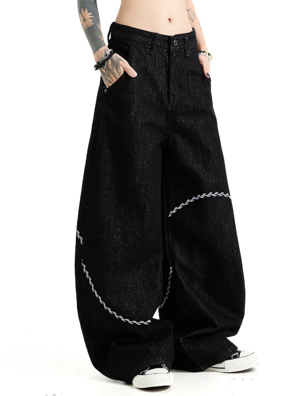American Style 2025 Black Denim Long Pants for Men and Women, Trendy Street Style, Handsome Design, Loose Wide-Leg Scimitar Casual Pants