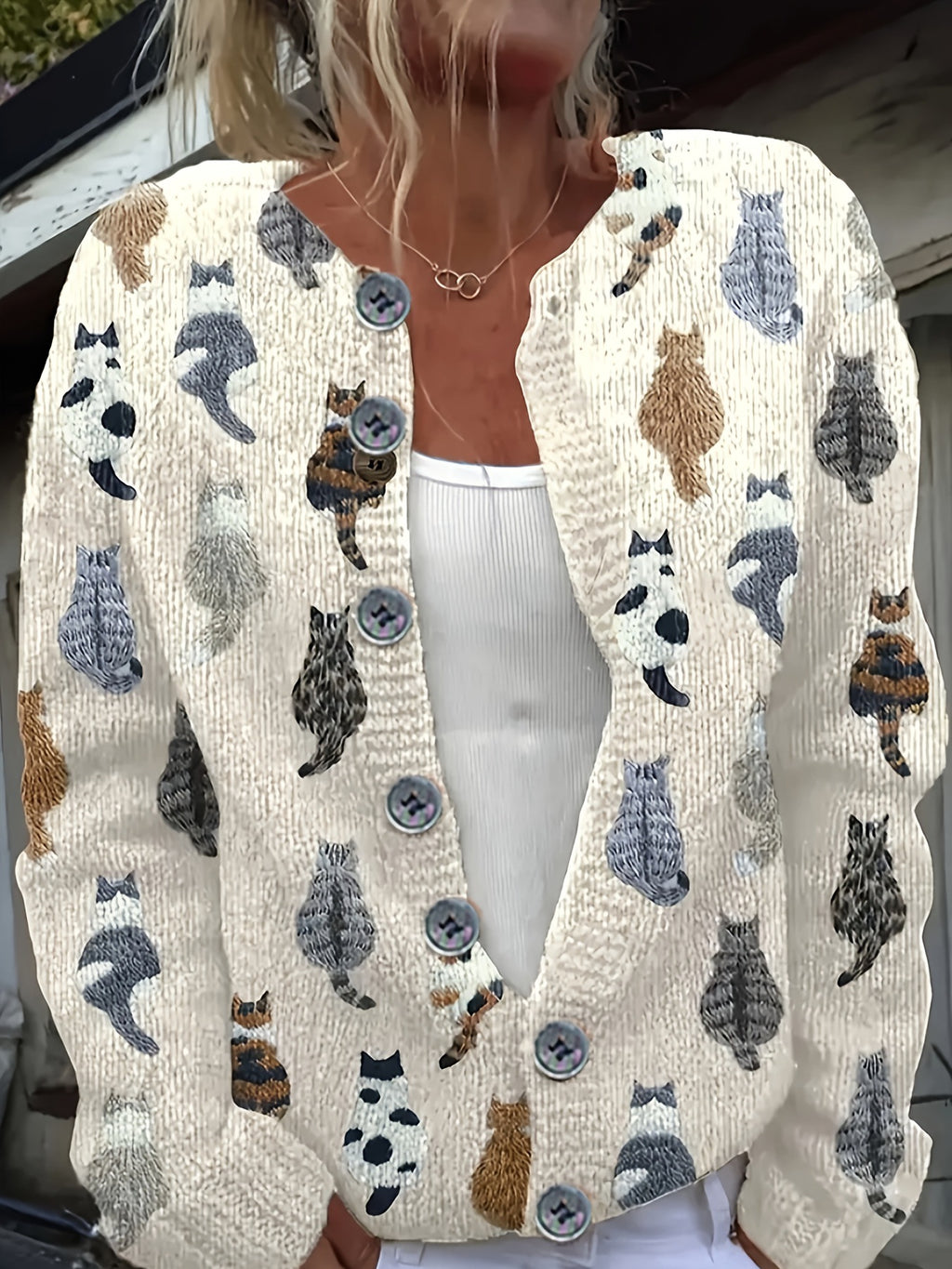 Cross-Border European and American New Round Neck Cardigan 3D Printed Fashion Women's Knitted Jacket Autum Sweater Amazon Best Seller