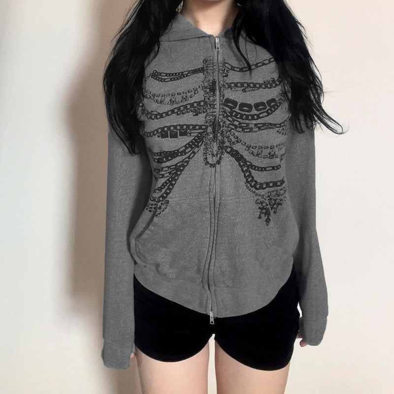 Y2K Subculture Chain Skeleton Print Loose Hooded Sweatshirt Sexy Street Niche Casual Zipper Thin Jacket