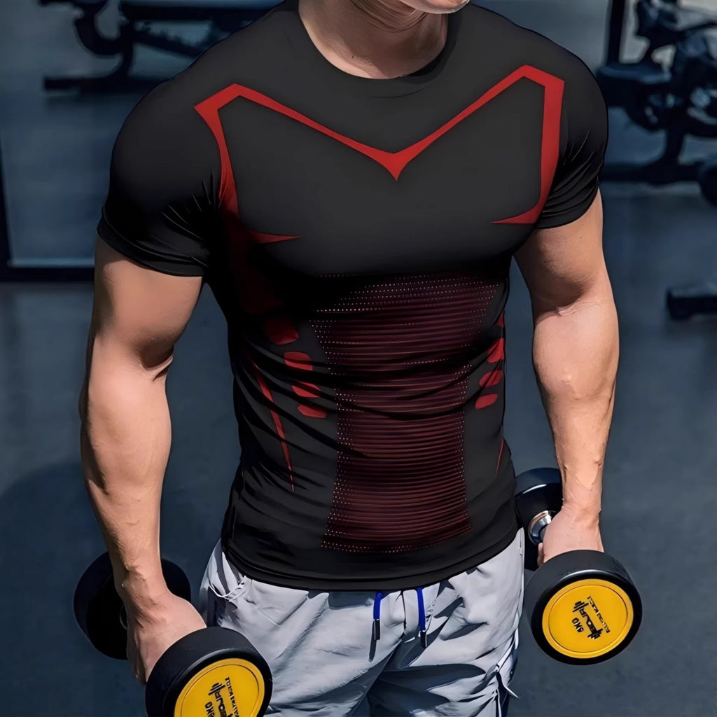 Amazon Best Selling Sports Tight Short-Sleeved Men's Fitness Quick-Drying Breathable Slim Training Elastic Printed Short-Sleeved