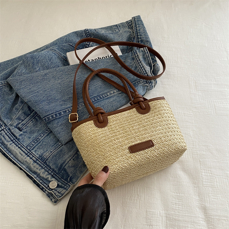 Summer Vacation Beach Style Straw Woven Bag, Hand-Held and Crossbody Bag, 2025 New Trendy Knotted Basket Bag, Woven Bag