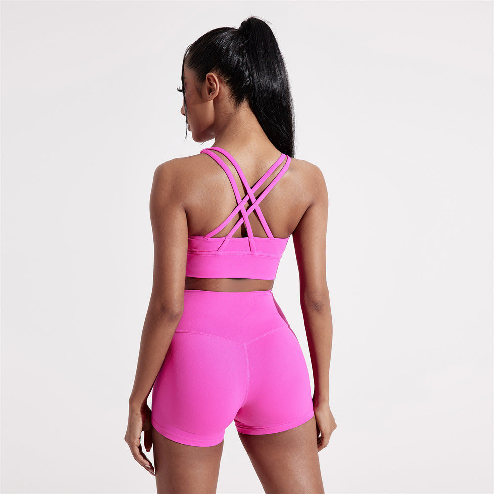 Summer Solid Color Fitness suit Two-Piece Sexy Back Cross Sports Underwear Naked Tight Three-Piece Shorts