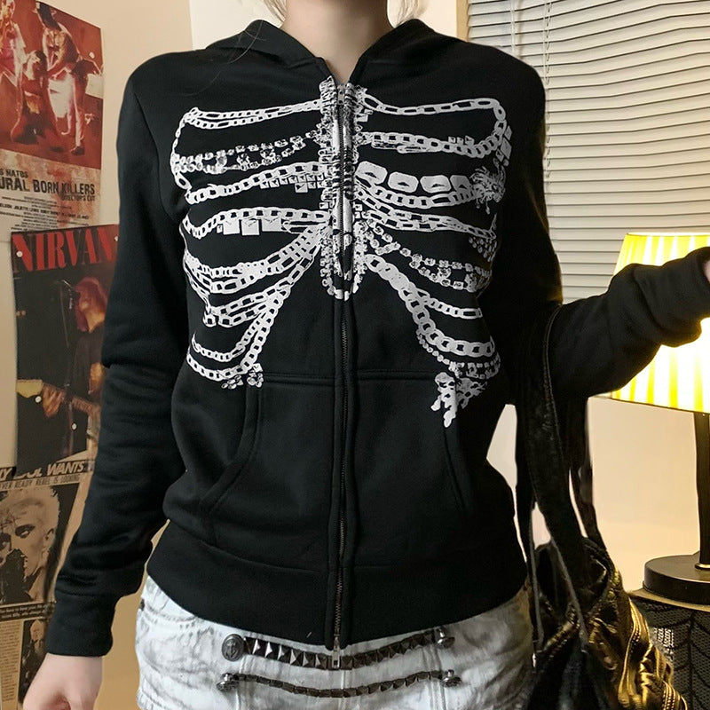 Y2K Subculture Chain Skeleton Print Loose Hooded Sweatshirt Sexy Street Niche Casual Zipper Thin Jacket