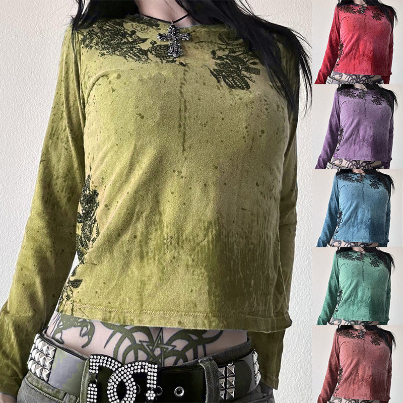 2026 Spring New Cross-Border Women's Clothing Amazon Y2K Casual Style Brick Print Slim Fit Long Sleeve Women's T-Shirt