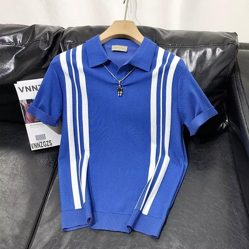 2025 New Style Stripe Trend POLO Youth Fashion Lazy Short-sleeved Fashionable Loose Instagram Style Summer Japanese Men