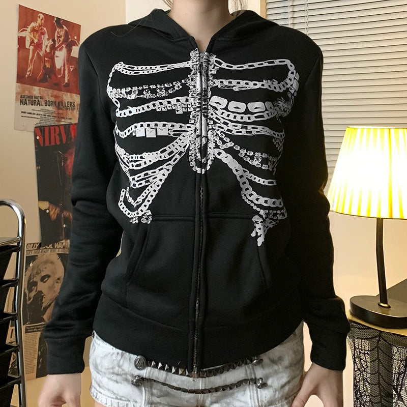 Y2K Subculture Chain Skeleton Print Loose Hooded Sweatshirt Sexy Street Niche Casual Zipper Thin Jacket