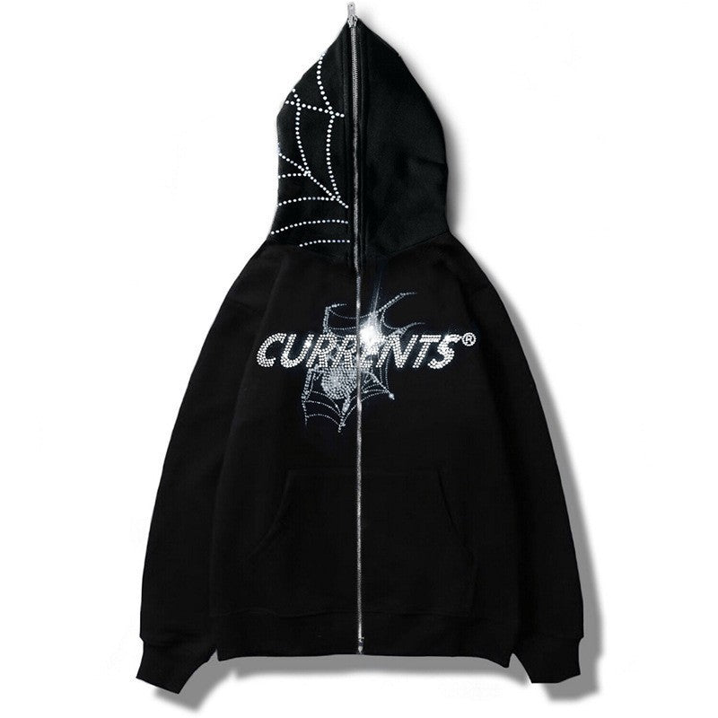 Autumn and Winter New European and American Personality Trendy Hot Drilling Printed Sweater Cardigan High Street Casual Hip Hop Metal Zipper Jacket